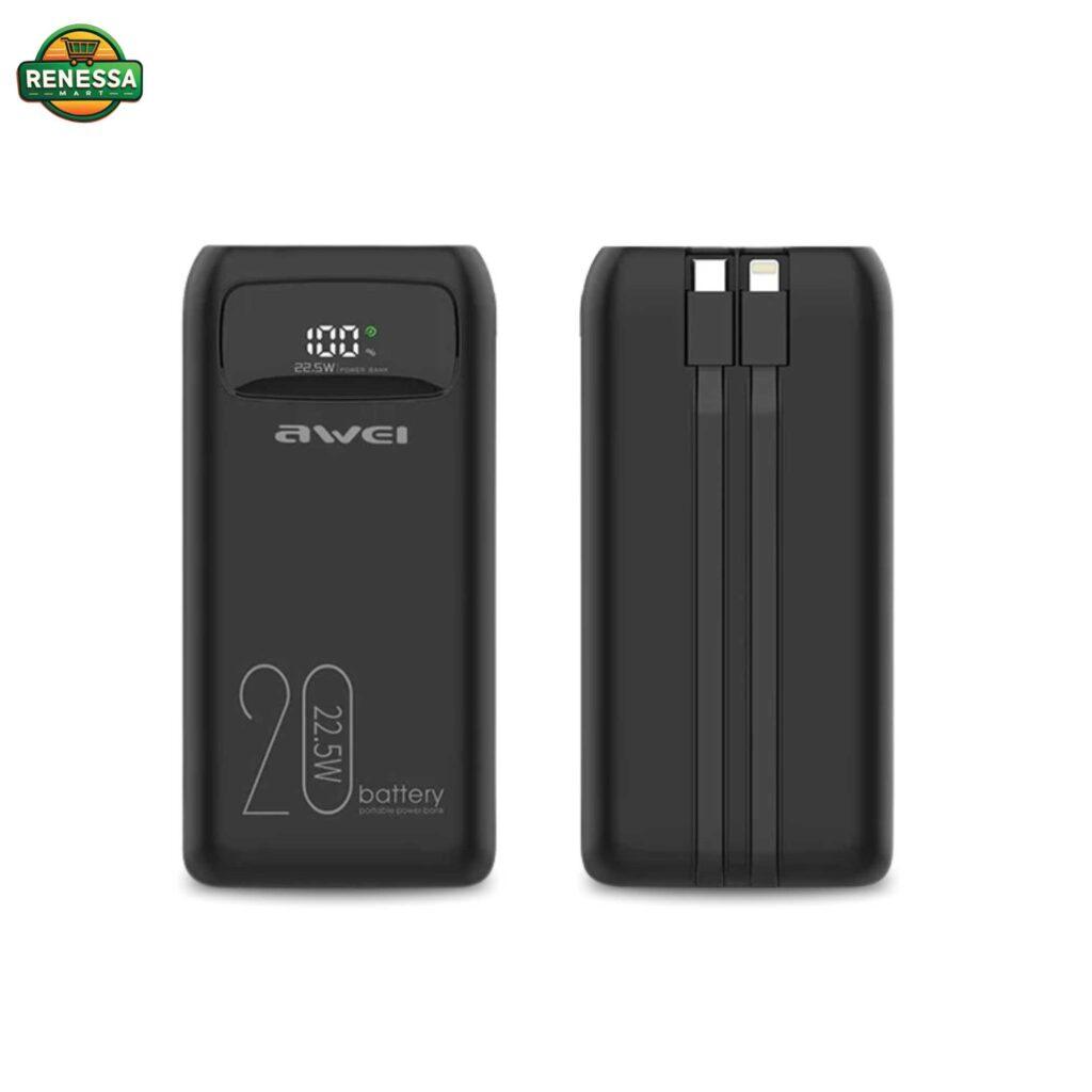 AWEI – 20000 mAh Cable Power Bank with Type C / Lightning Cable USB Fast Charge