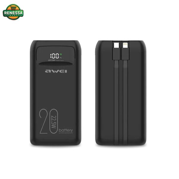 AWEI - 20000 mAh Cable Power Bank with Type C / Lightning Cable USB Fast Charge