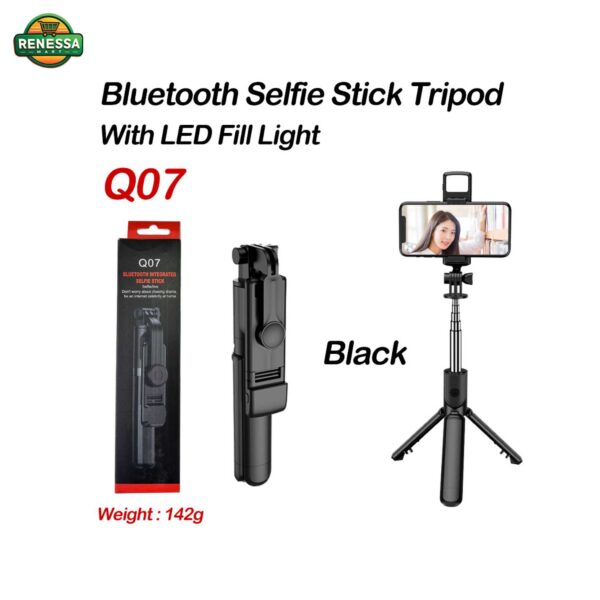 Q07 Bluetooth Selfie Stick Tripod with LED Fill Light – Black - Image 2