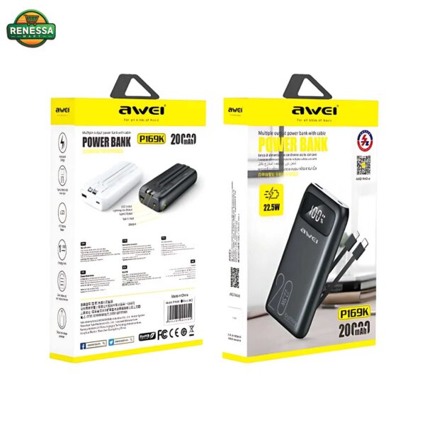 AWEI - 20000 mAh Cable Power Bank with Type C / Lightning Cable USB Fast Charge - Image 2